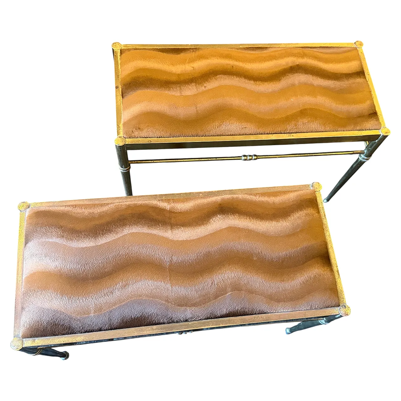Pair of brass and brown cut velvet rectangular stools, 1950s 2