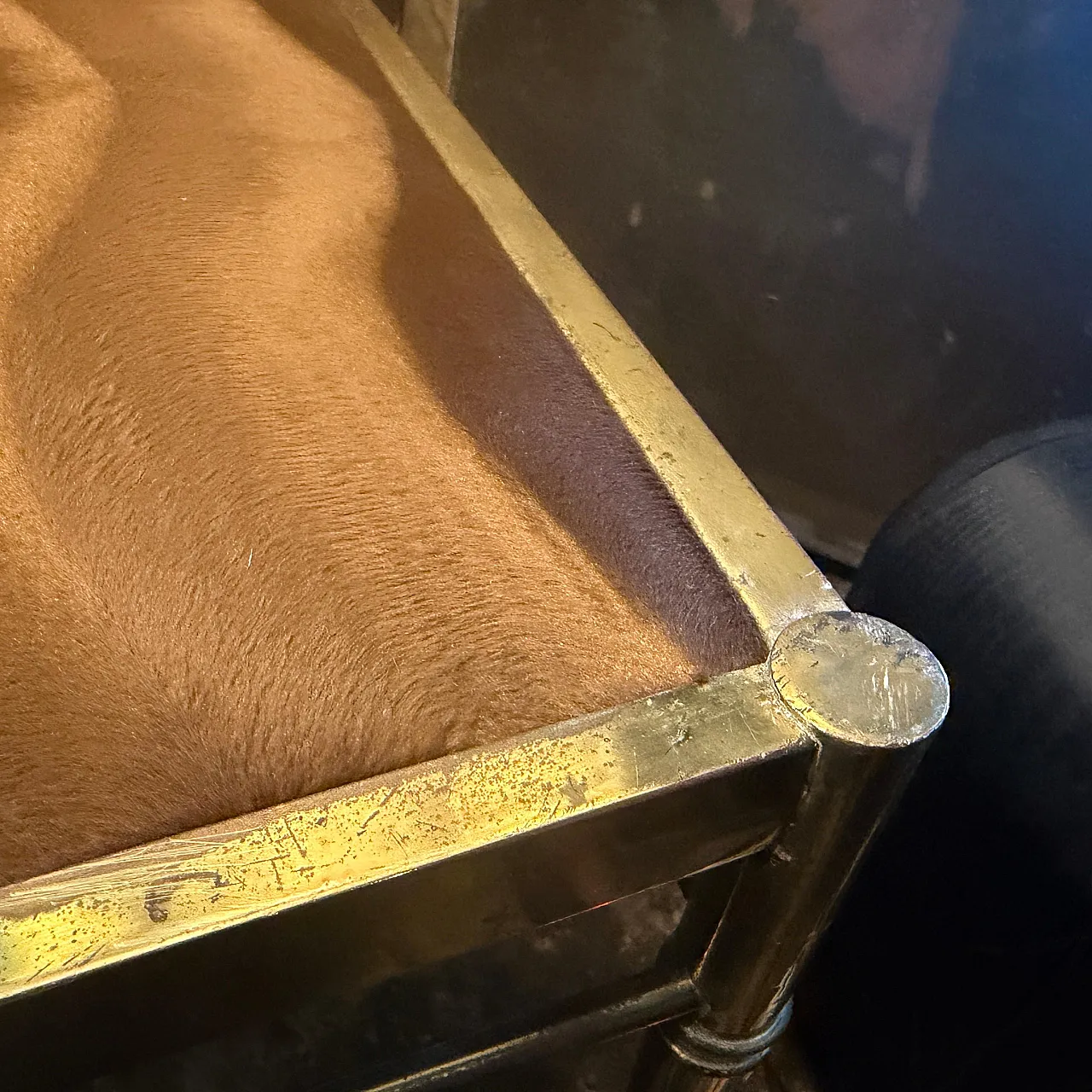 Pair of brass and brown cut velvet rectangular stools, 1950s 4