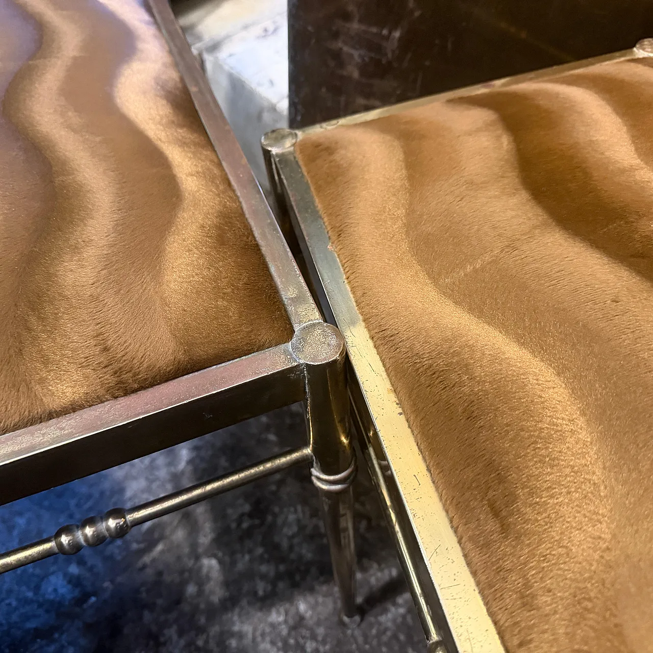 Pair of brass and brown cut velvet rectangular stools, 1950s 5