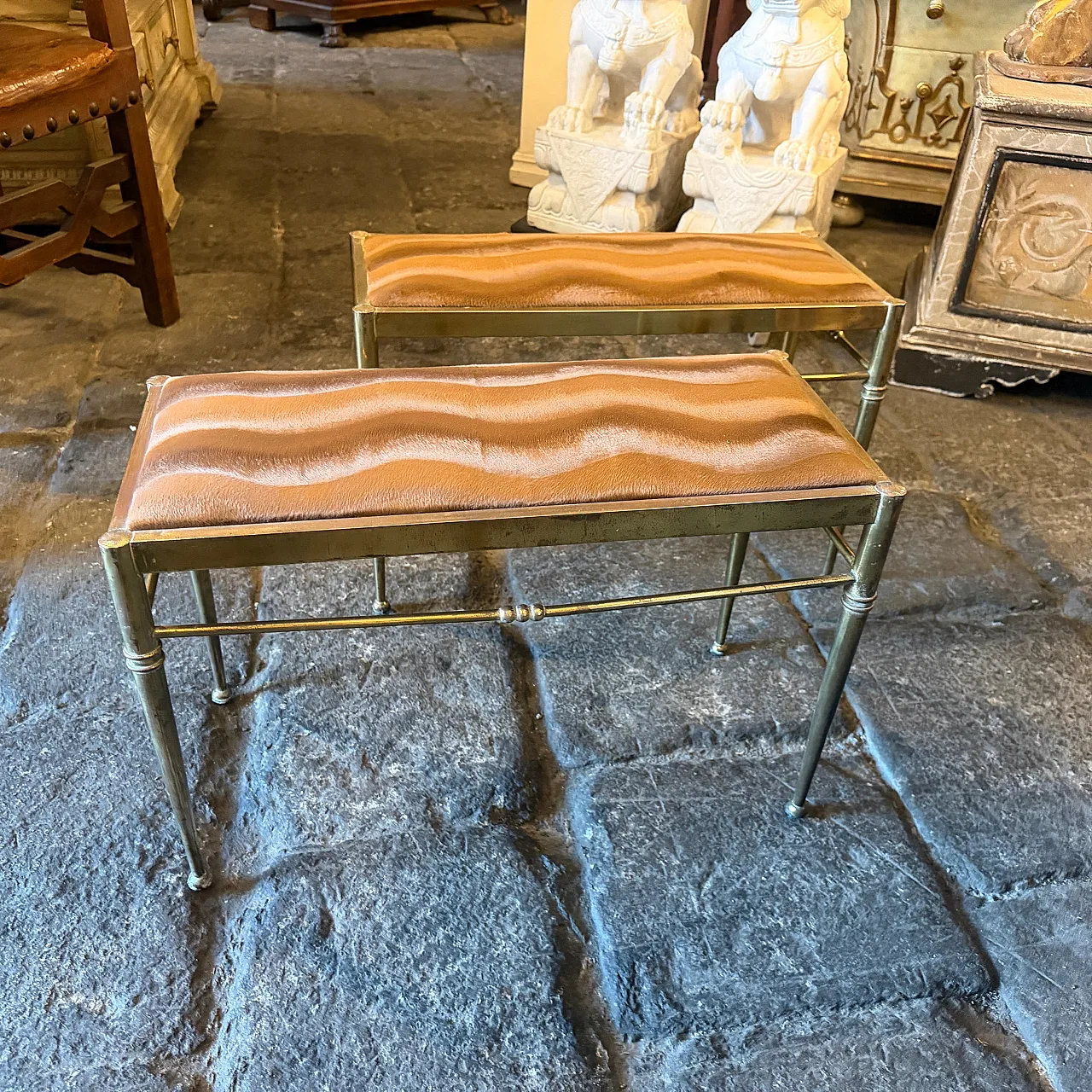 Pair of brass and brown cut velvet rectangular stools, 1950s 6