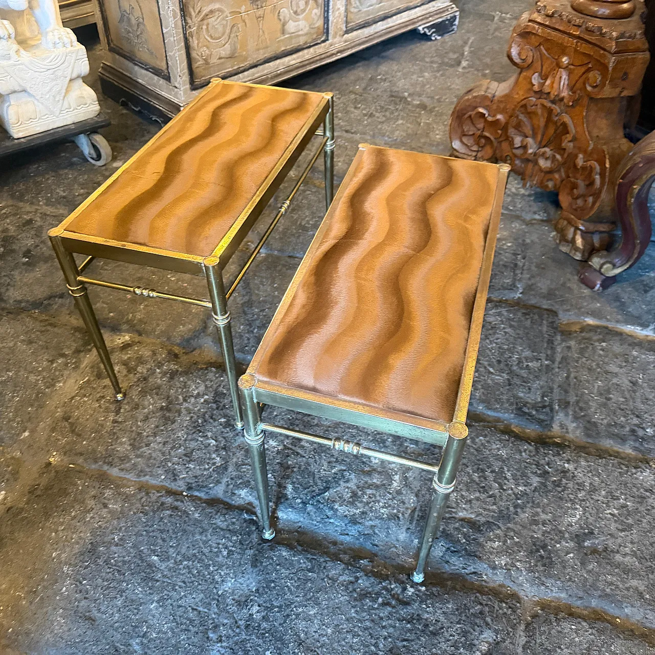 Pair of brass and brown cut velvet rectangular stools, 1950s 7