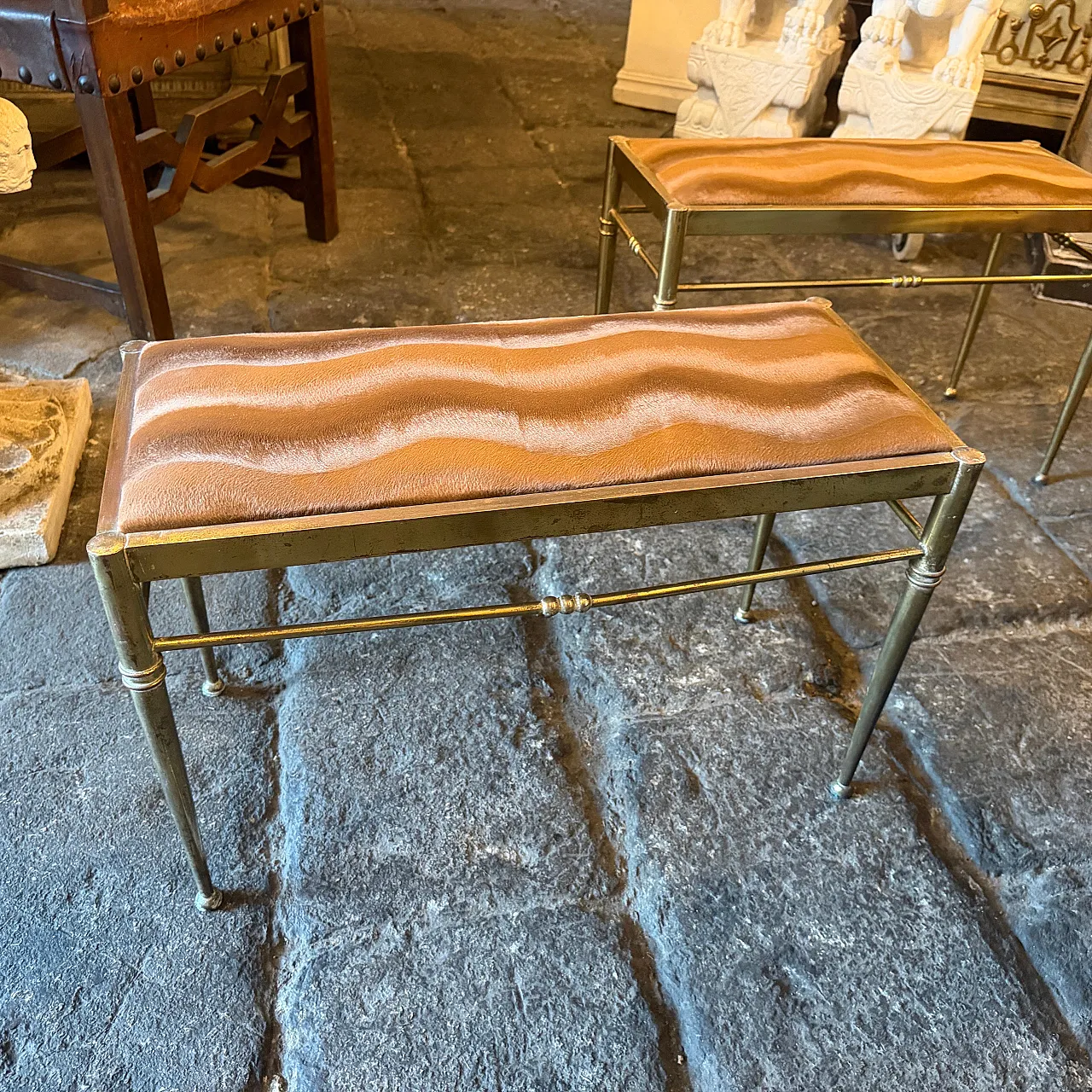 Pair of brass and brown cut velvet rectangular stools, 1950s 8