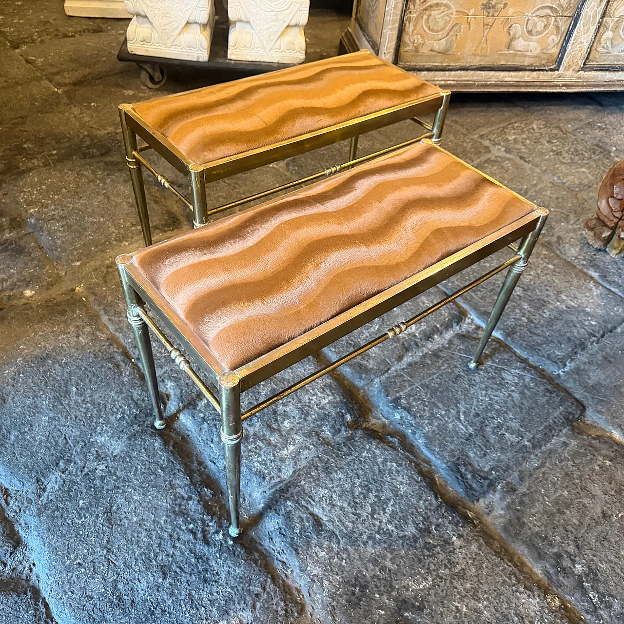 Pair of brass and brown cut velvet rectangular stools, 1950s 9
