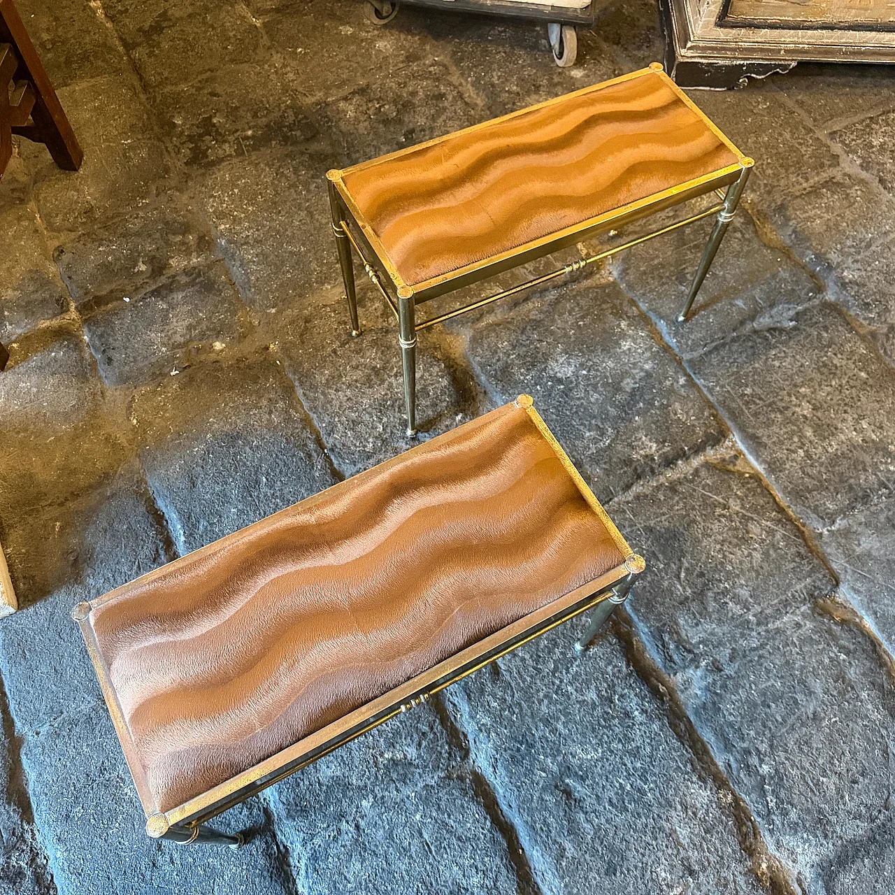Pair of brass and brown cut velvet rectangular stools, 1950s 10
