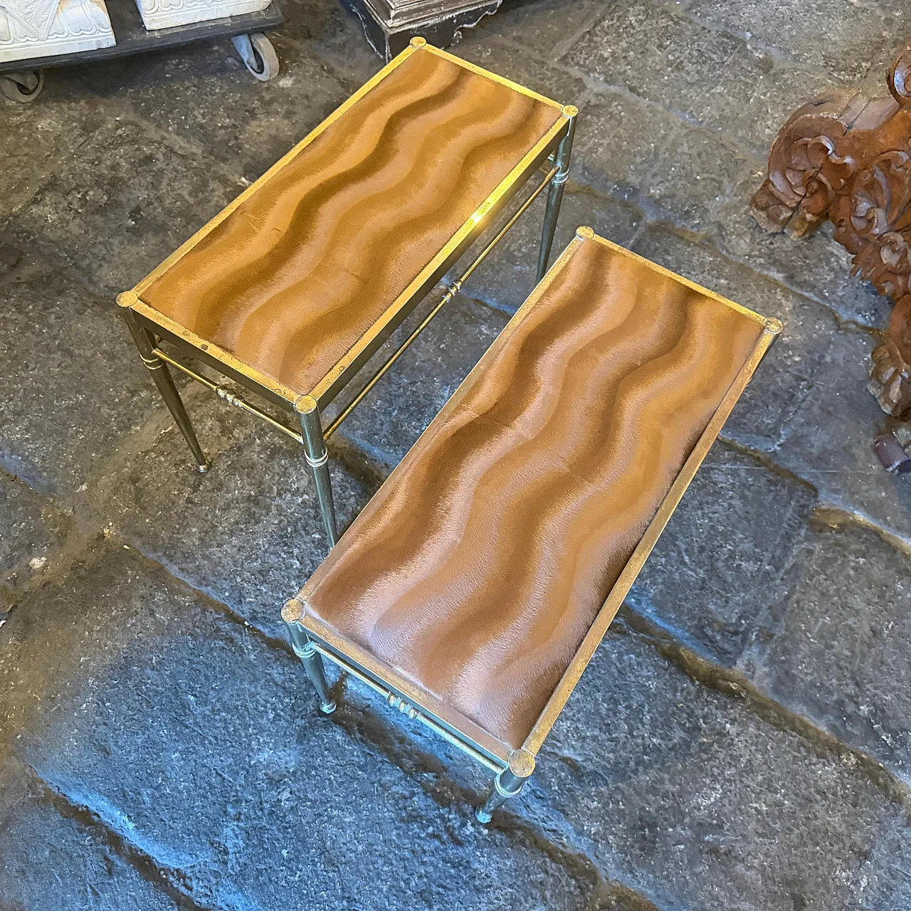 Pair of brass and brown cut velvet rectangular stools, 1950s 11
