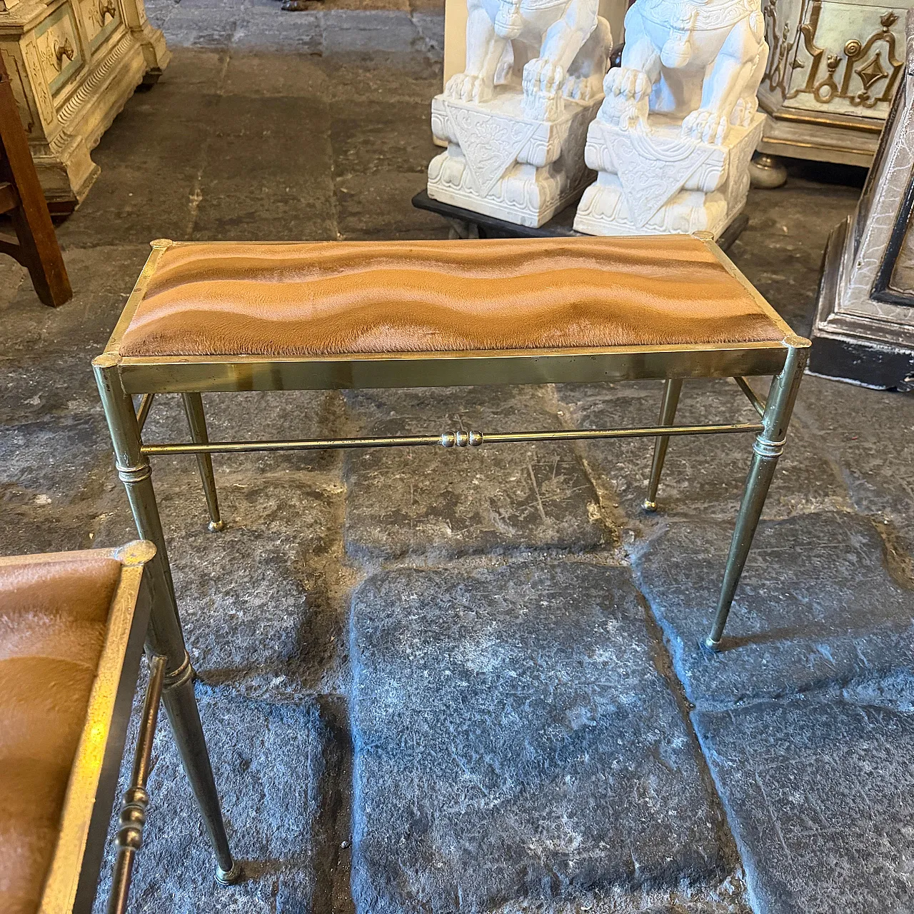 Pair of brass and brown cut velvet rectangular stools, 1950s 12