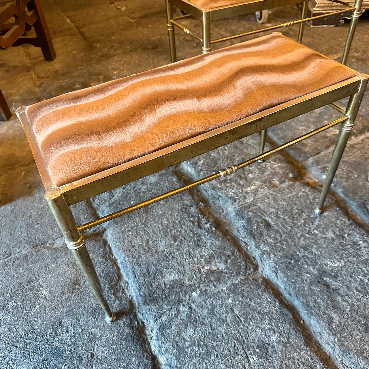 Pair of brass and brown cut velvet rectangular stools, 1950s 13