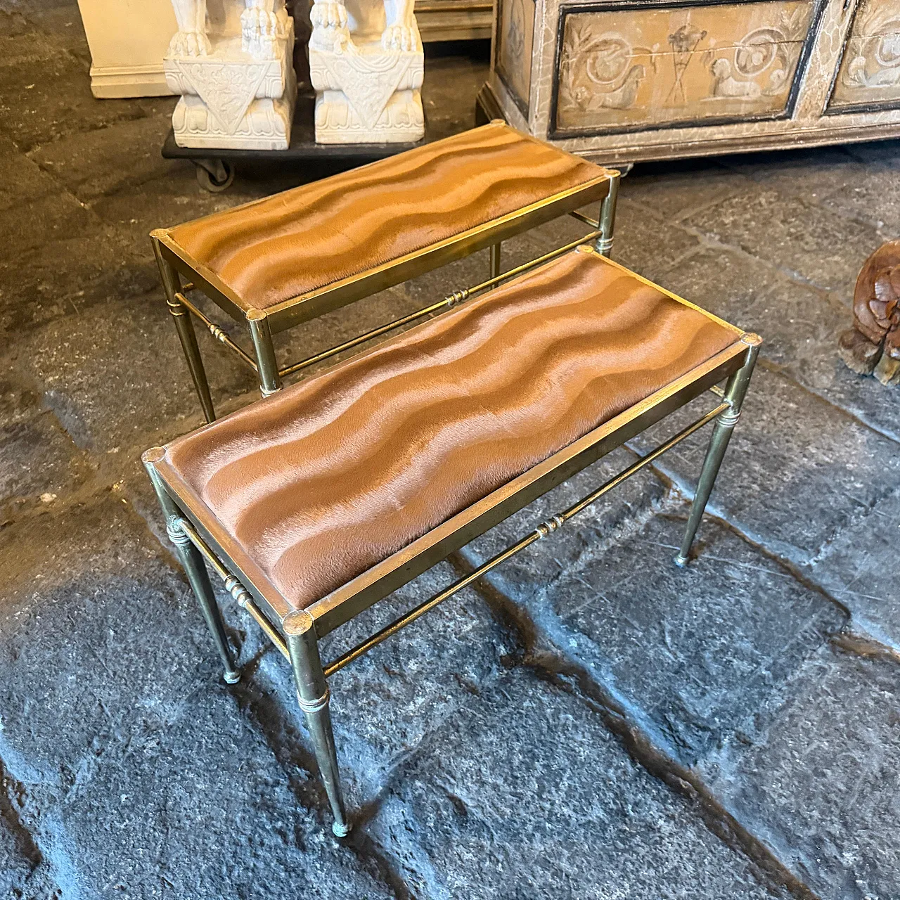 Pair of brass and brown cut velvet rectangular stools, 1950s 14