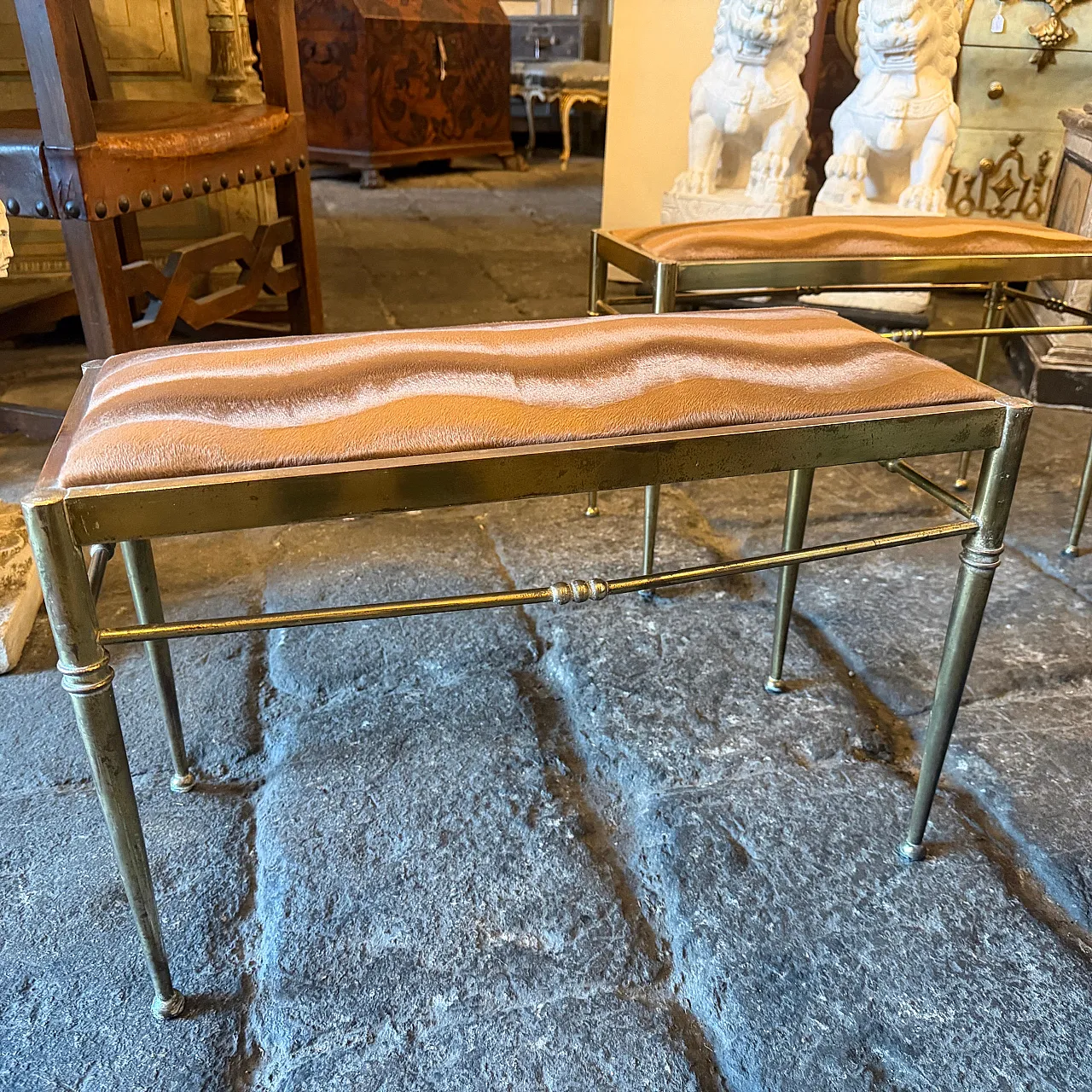 Pair of brass and brown cut velvet rectangular stools, 1950s 16