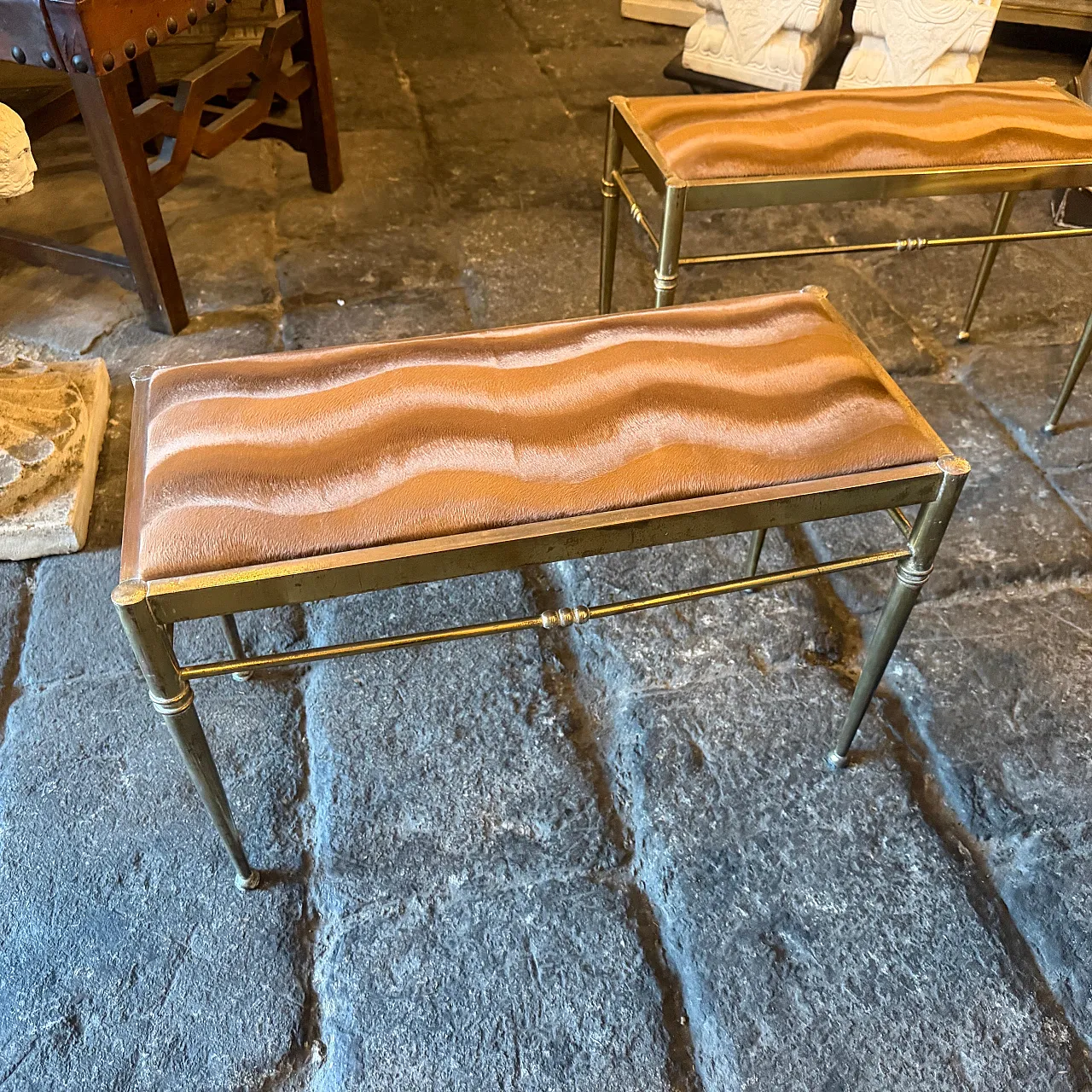 Pair of brass and brown cut velvet rectangular stools, 1950s 17