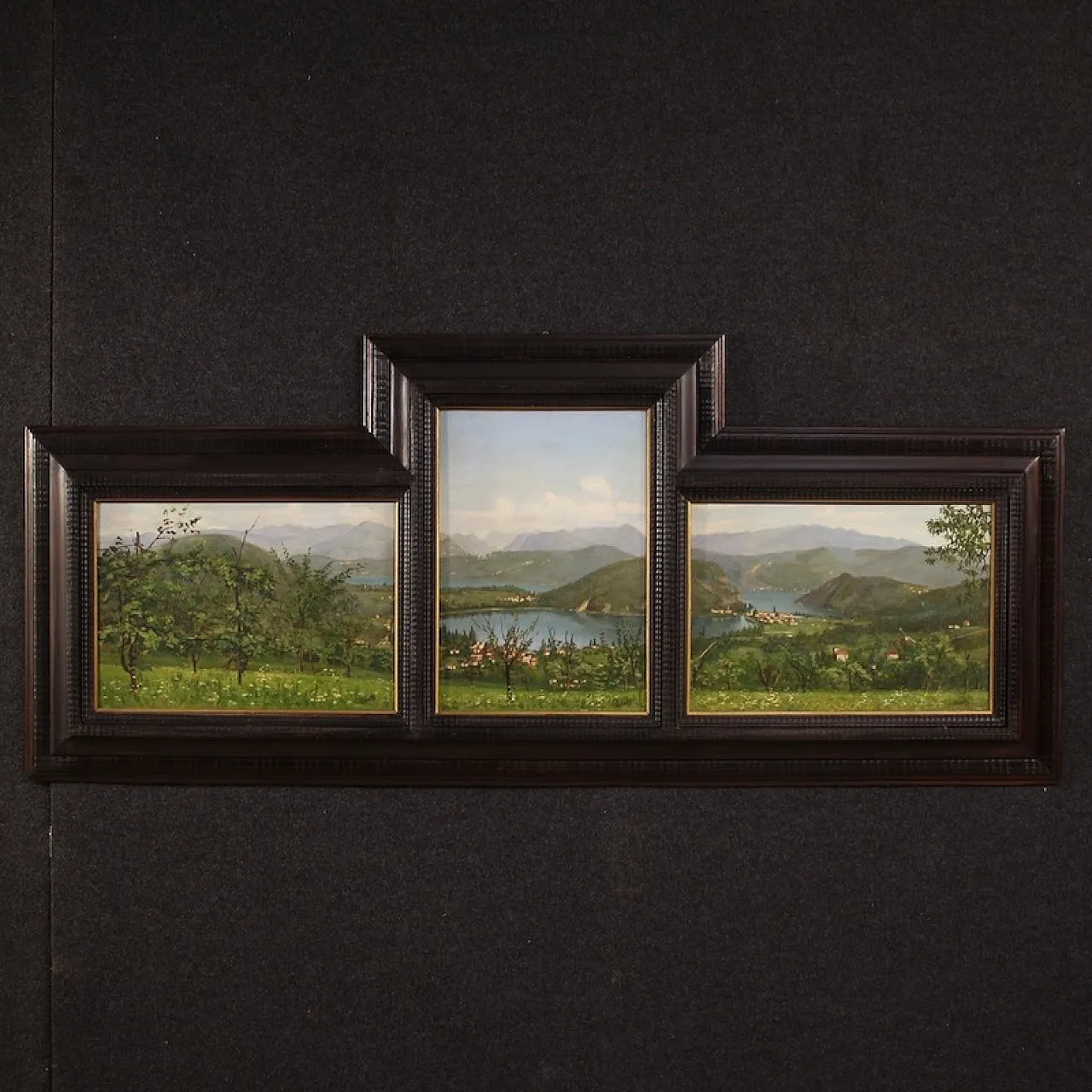 G. Secchi, Lake Lugano, triptych oil on canvas 20th century 1