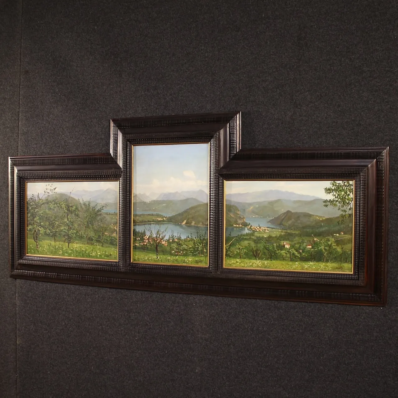 G. Secchi, Lake Lugano, triptych oil on canvas 20th century 14
