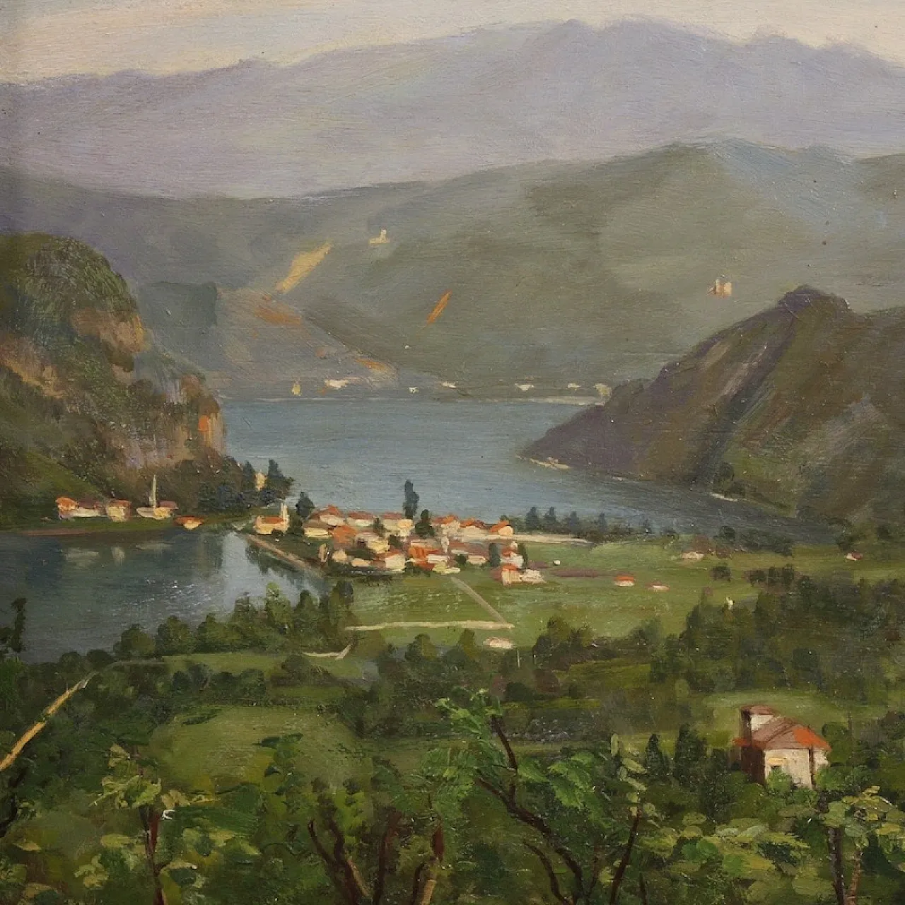 G. Secchi, Lake Lugano, triptych oil on canvas 20th century 15