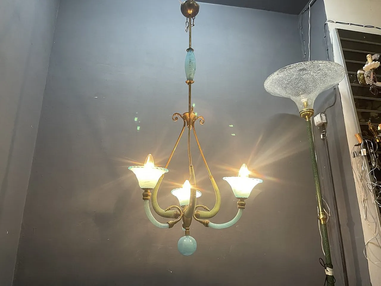 Lampadario in vetro di Murano blu, Italia, anni '50 8