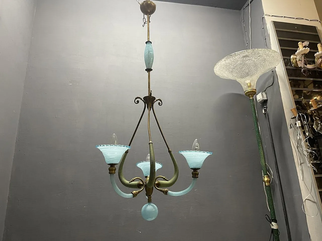 Lampadario in vetro di Murano blu, Italia, anni '50 14