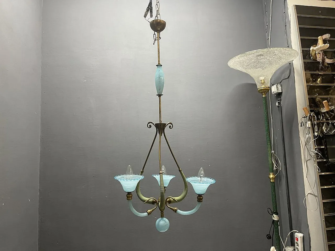 Lampadario in vetro di Murano blu, Italia, anni '50 16