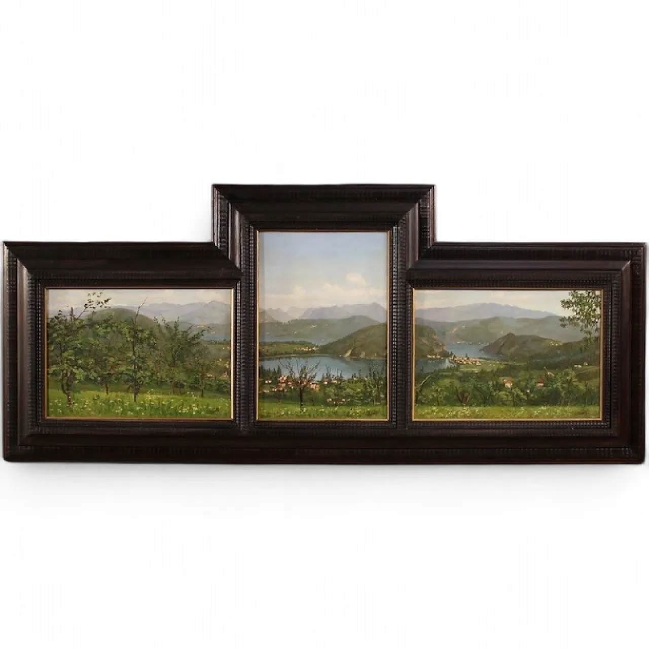 G. Secchi, Lake Lugano, triptych oil on canvas 20th century 16