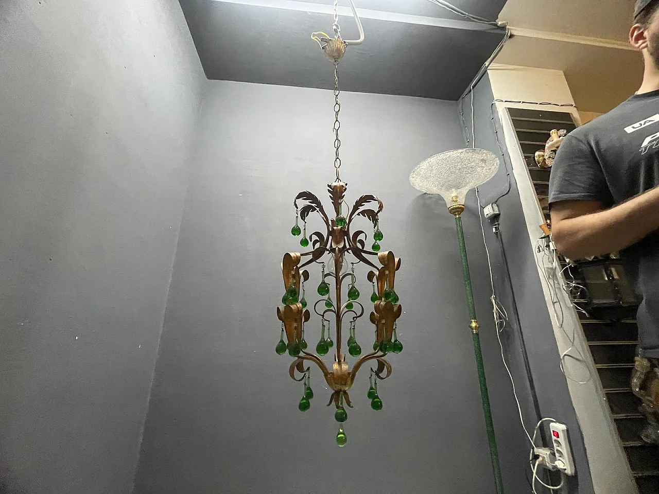 Tole chandelier in green Murano glass, 1960s 3
