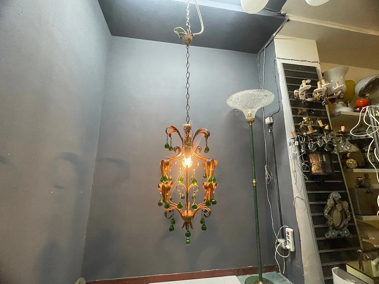 Tole chandelier in green Murano glass, 1960s 4