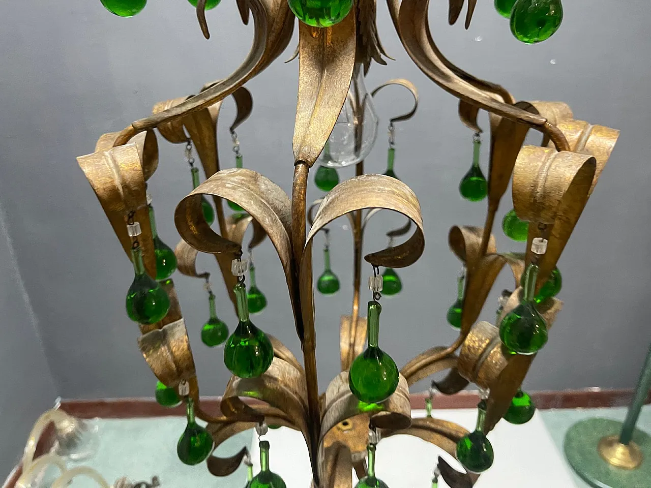 Tole chandelier in green Murano glass, 1960s 5