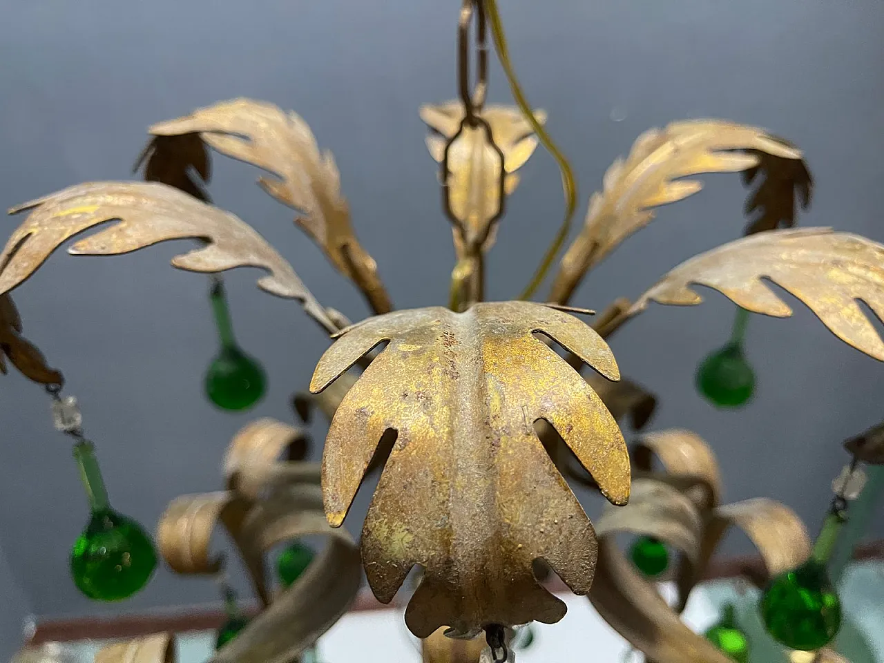 Tole chandelier in green Murano glass, 1960s 7
