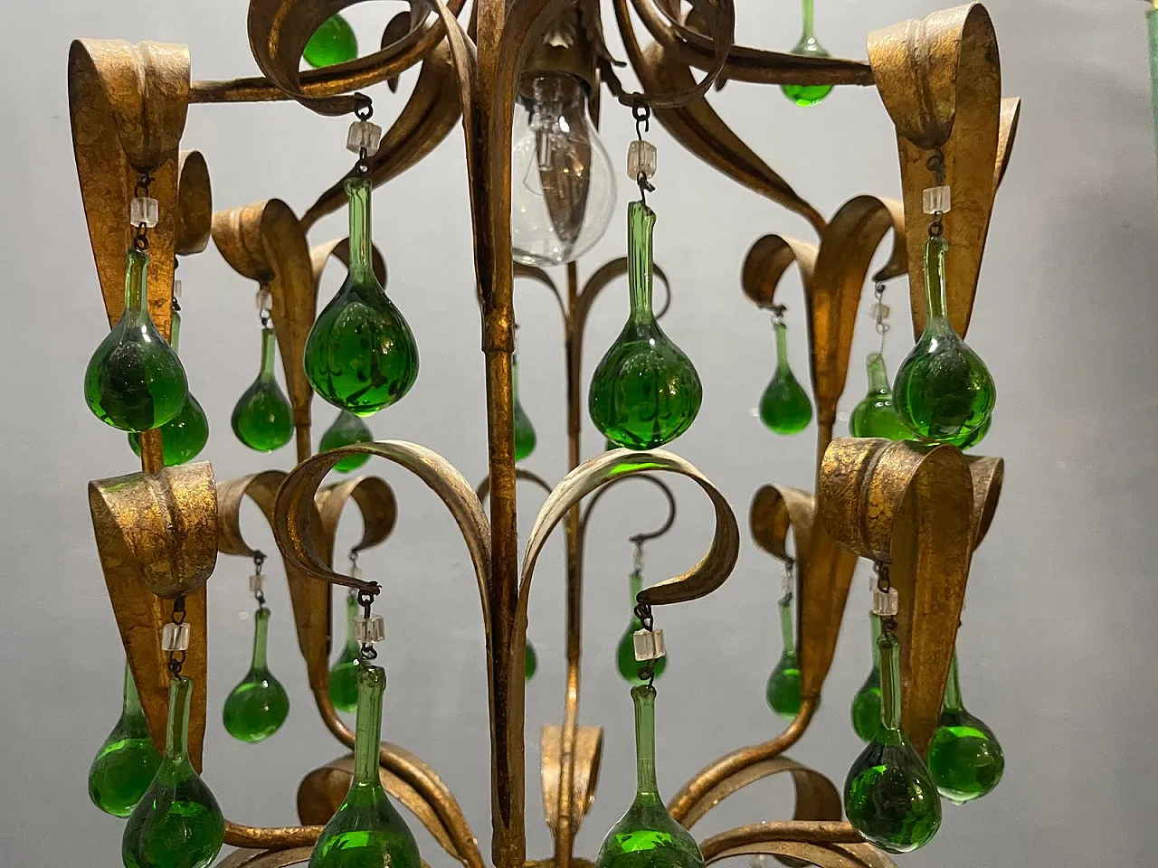 Tole chandelier in green Murano glass, 1960s 9