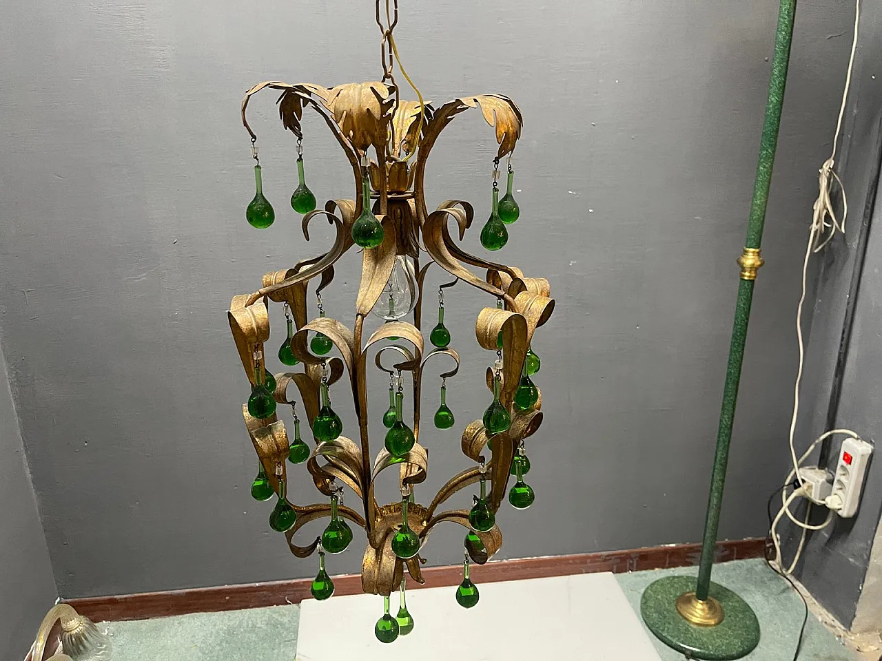Tole chandelier in green Murano glass, 1960s 10