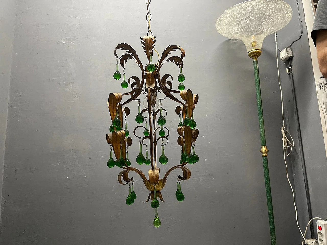 Tole chandelier in green Murano glass, 1960s 11