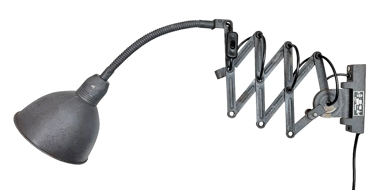 Grey Industrial Gooseneck scissor wall lamp by Elektroinstala, 1960s 1