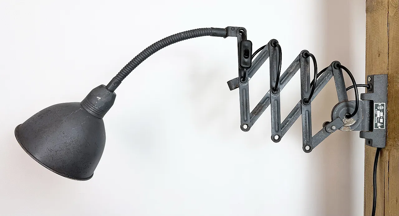 Grey Industrial Gooseneck scissor wall lamp by Elektroinstala, 1960s 3