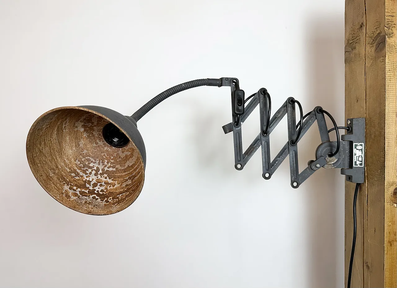 Grey Industrial Gooseneck scissor wall lamp by Elektroinstala, 1960s 7