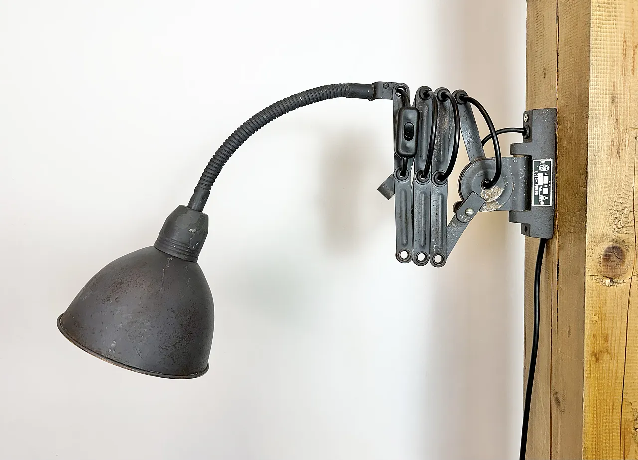 Grey Industrial Gooseneck scissor wall lamp by Elektroinstala, 1960s 9