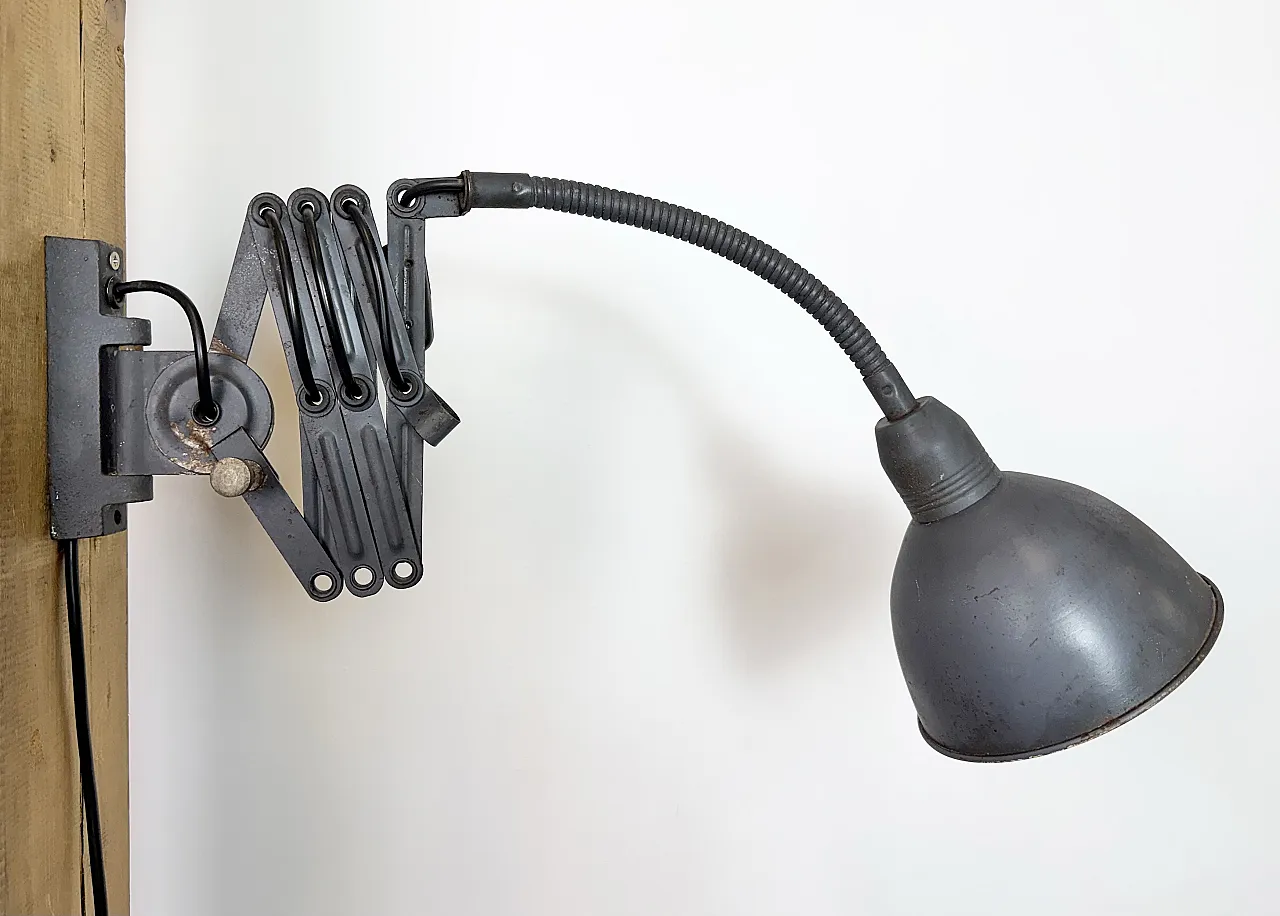Grey Industrial Gooseneck scissor wall lamp by Elektroinstala, 1960s 11