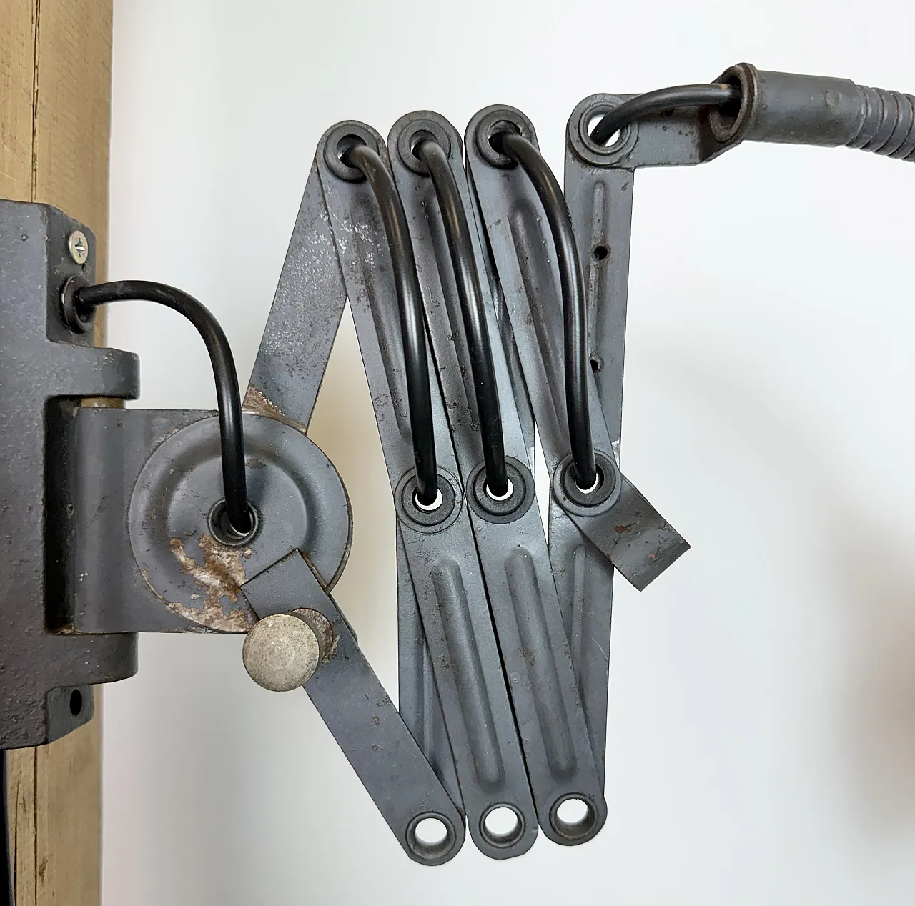 Grey Industrial Gooseneck scissor wall lamp by Elektroinstala, 1960s 13