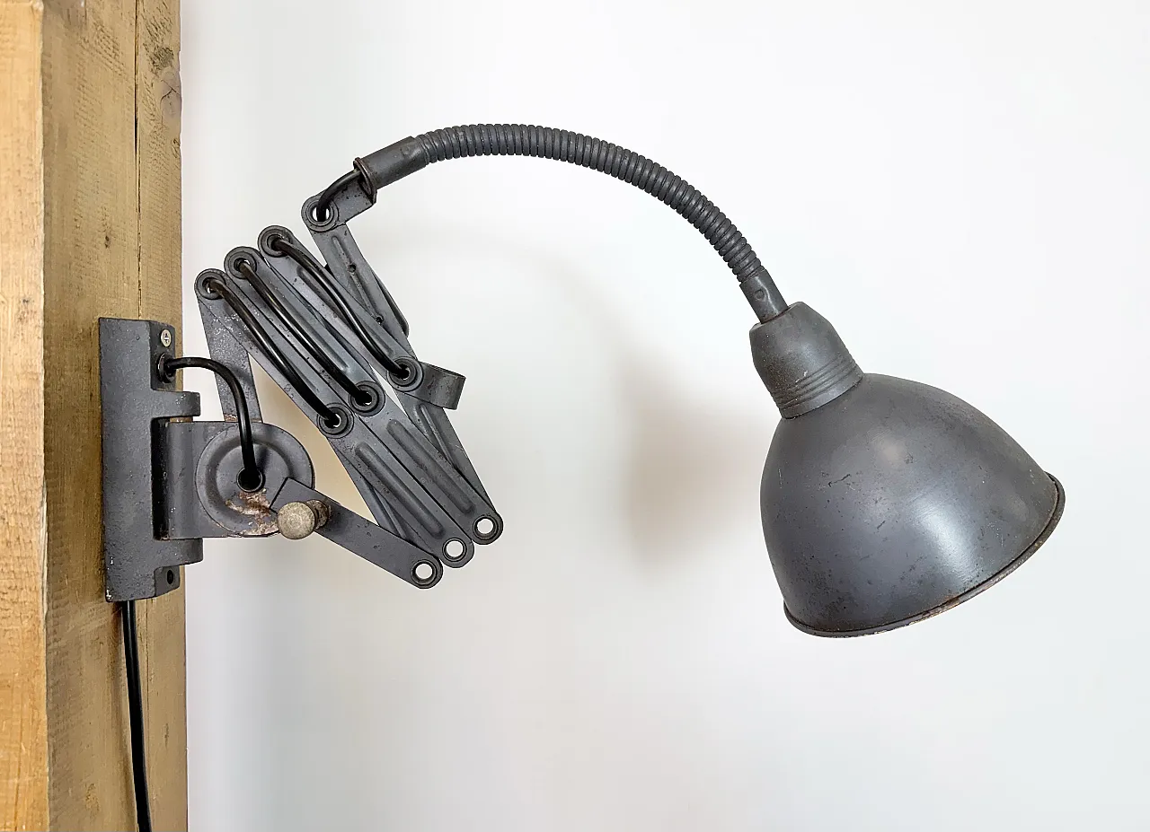 Grey Industrial Gooseneck scissor wall lamp by Elektroinstala, 1960s 15