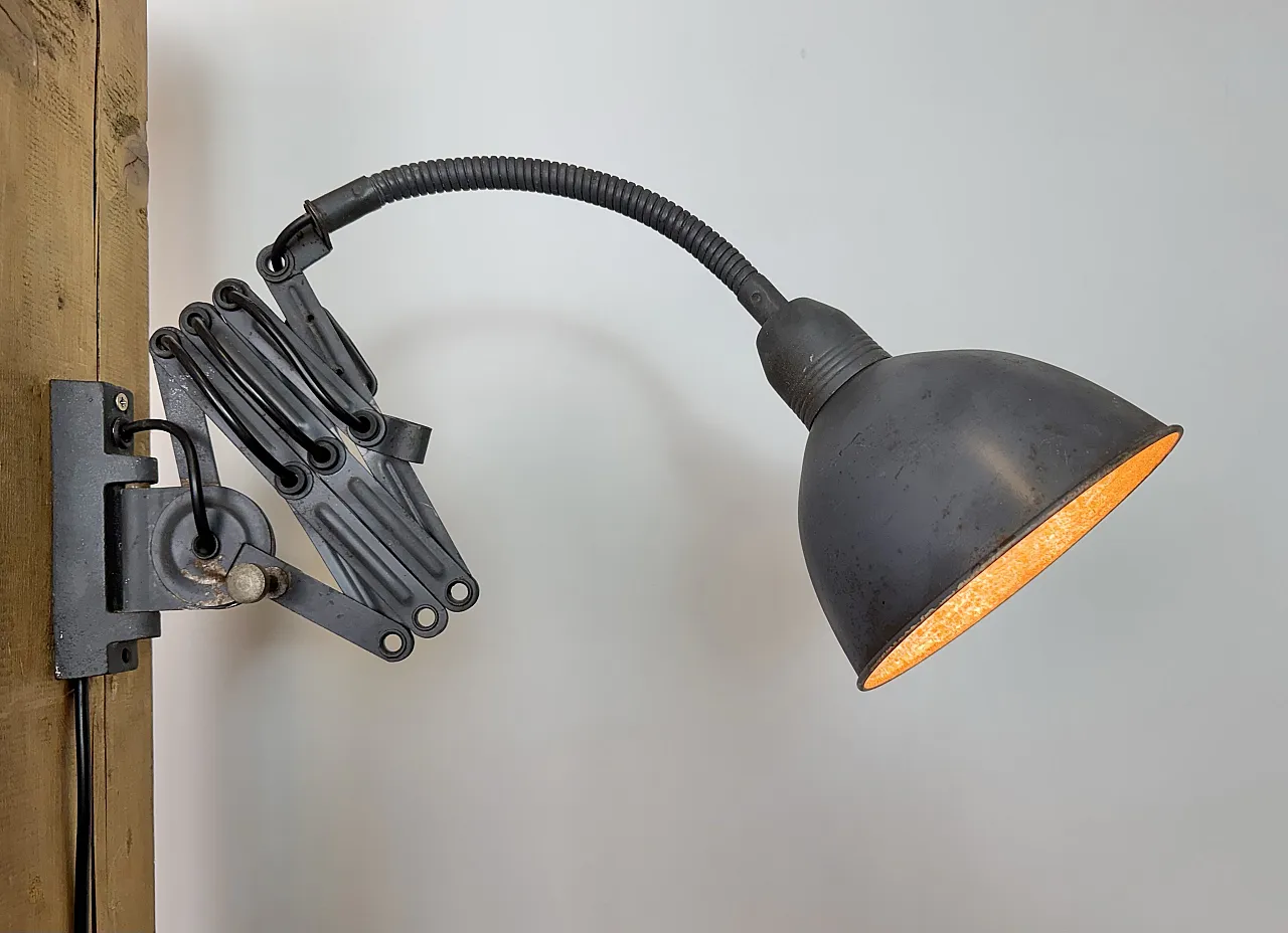 Grey Industrial Gooseneck scissor wall lamp by Elektroinstala, 1960s 16