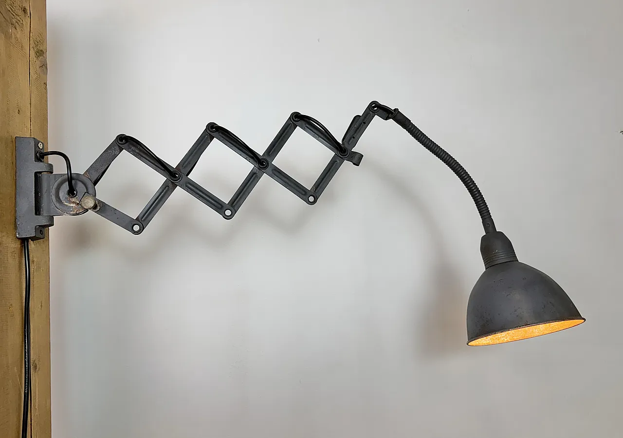 Grey Industrial Gooseneck scissor wall lamp by Elektroinstala, 1960s 17