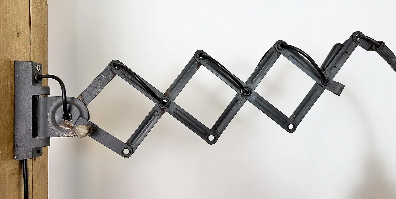 Grey Industrial Gooseneck scissor wall lamp by Elektroinstala, 1960s 18