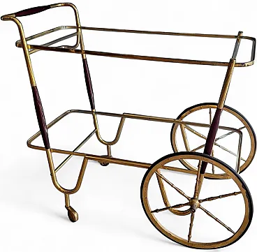 Carrello bar in vetro e legno in ottone, anni '50