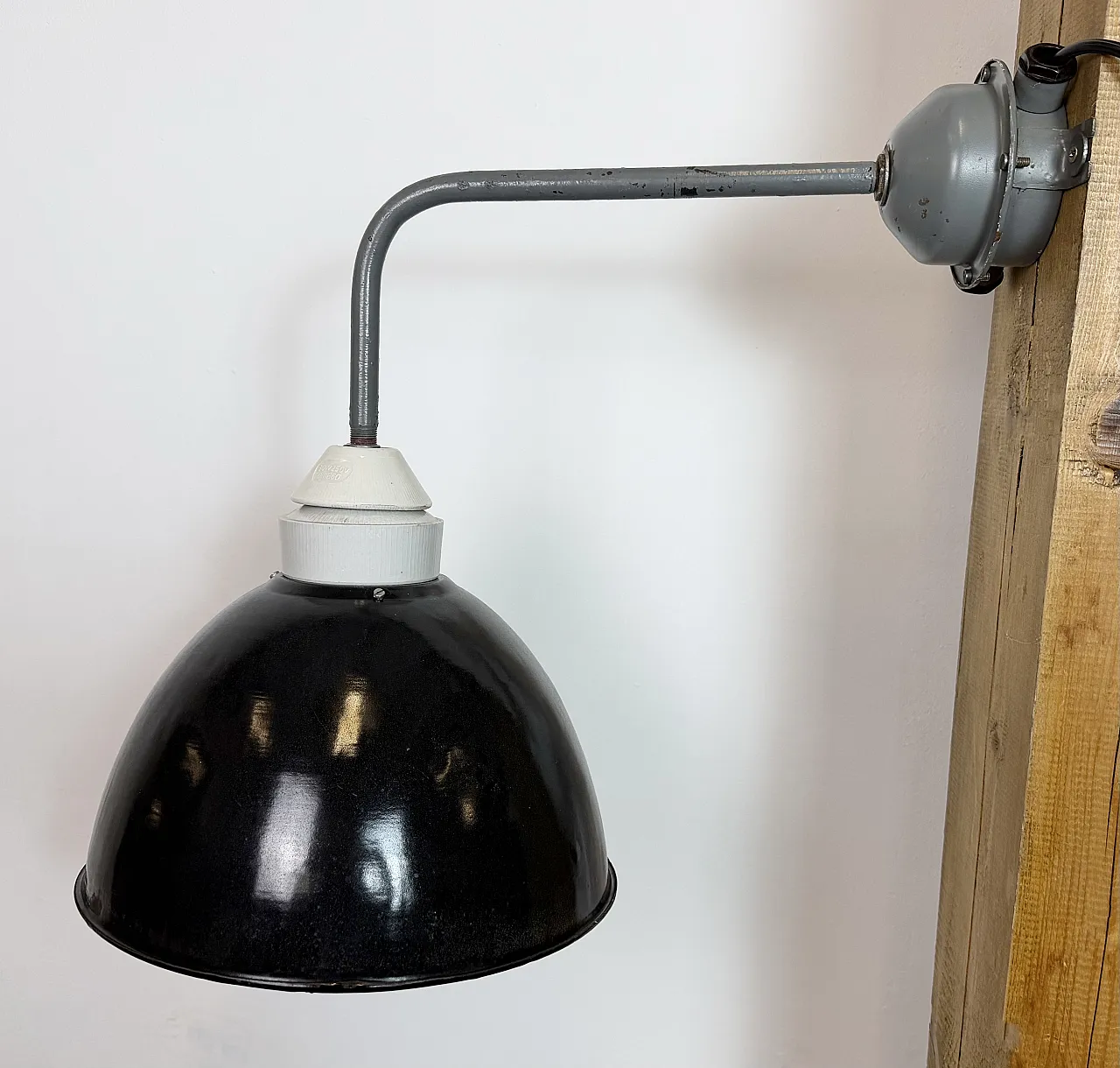 Industrial Factory Wall Lamp with Black Enamel Shade, 1960s 3