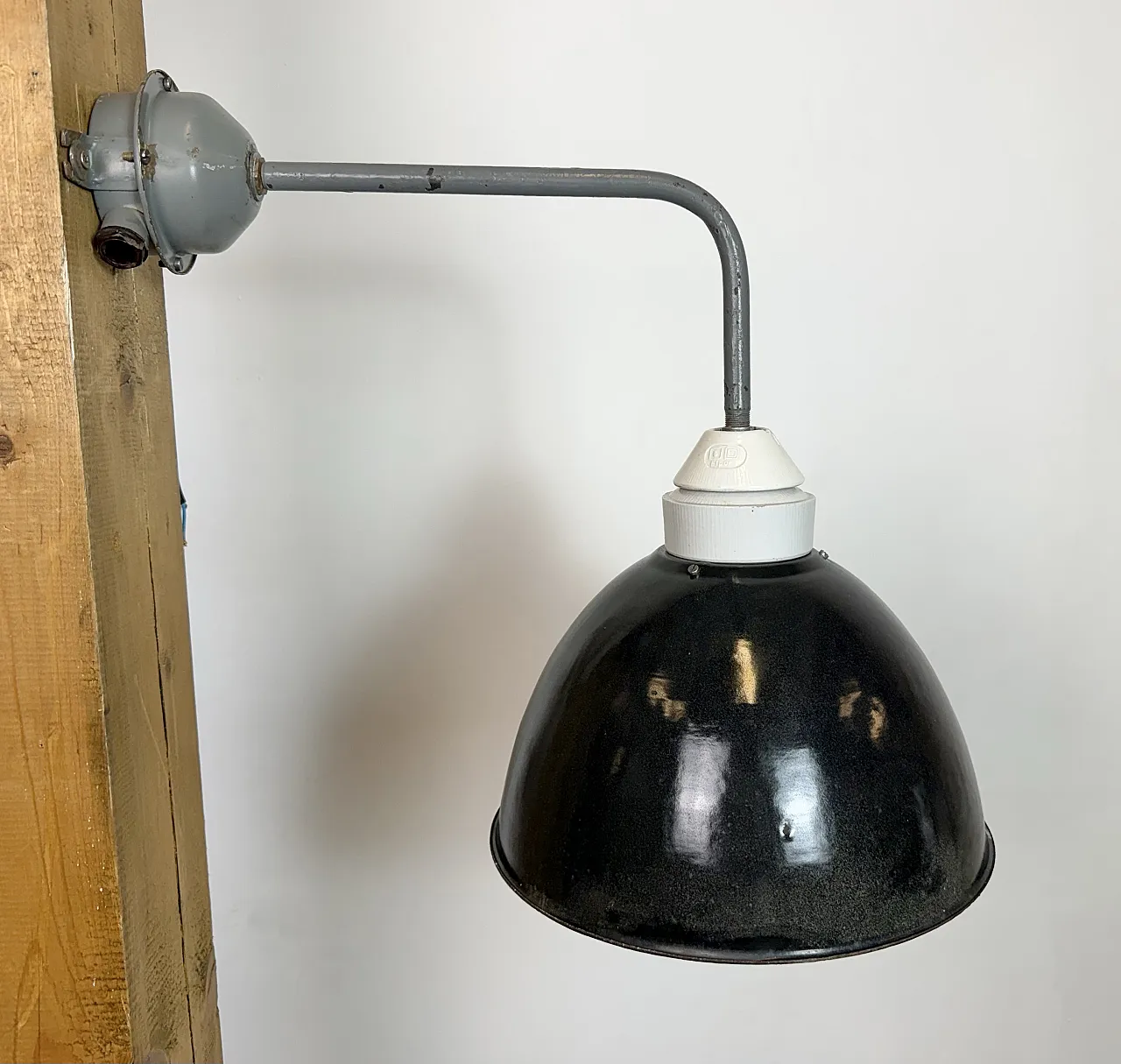 Industrial Factory Wall Lamp with Black Enamel Shade, 1960s 7