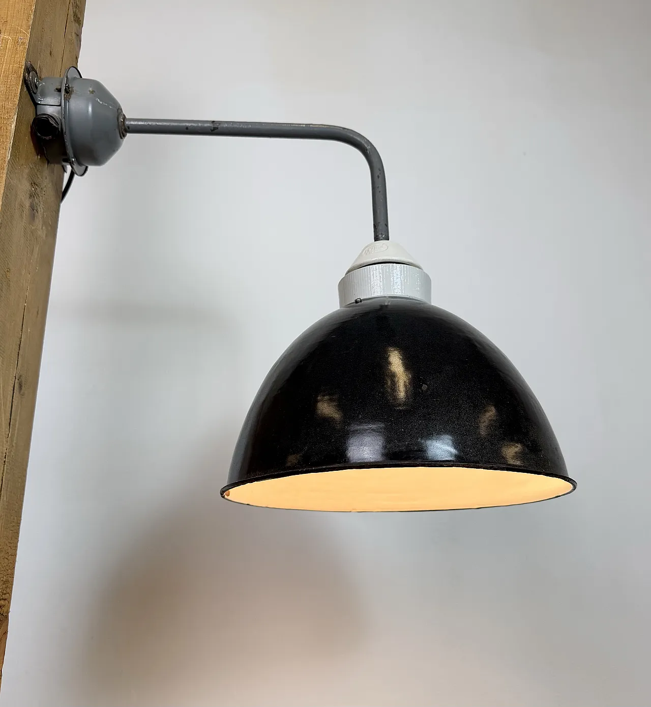 Industrial Factory Wall Lamp with Black Enamel Shade, 1960s 12