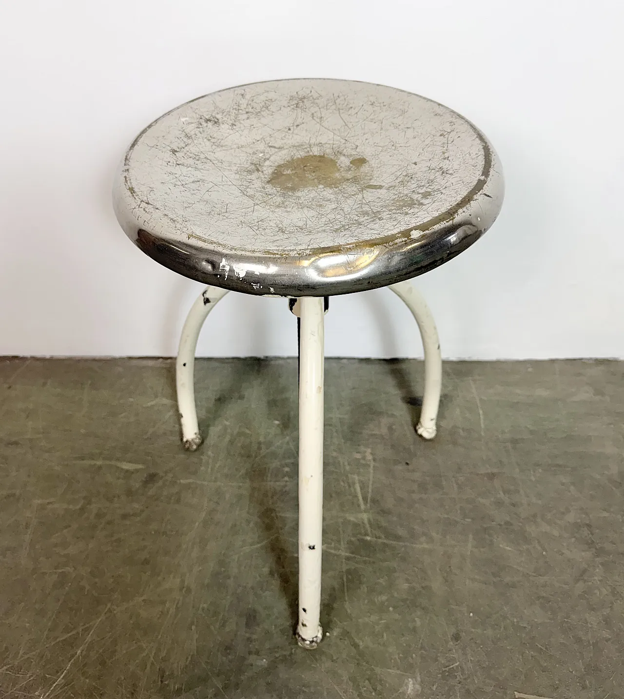 White Industrial Iron Stool, 1960s 4