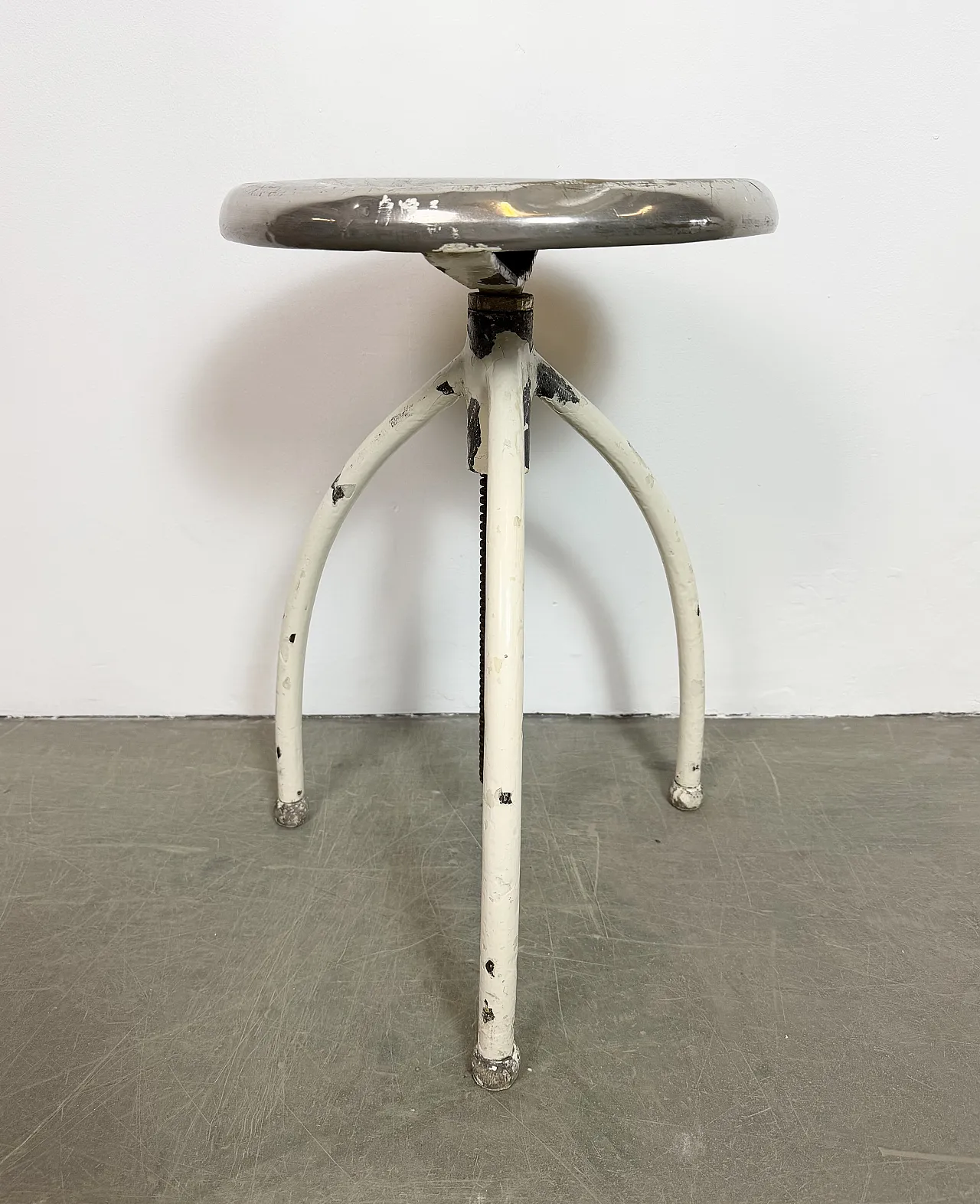 White Industrial Iron Stool, 1960s 5