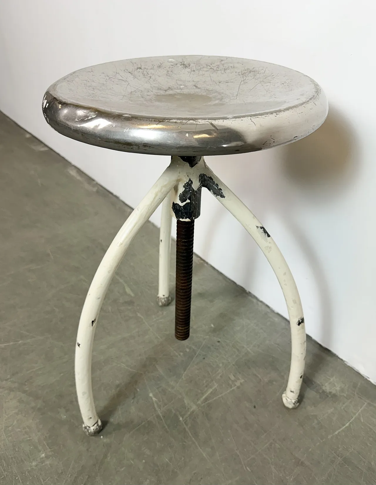 White Industrial Iron Stool, 1960s 8
