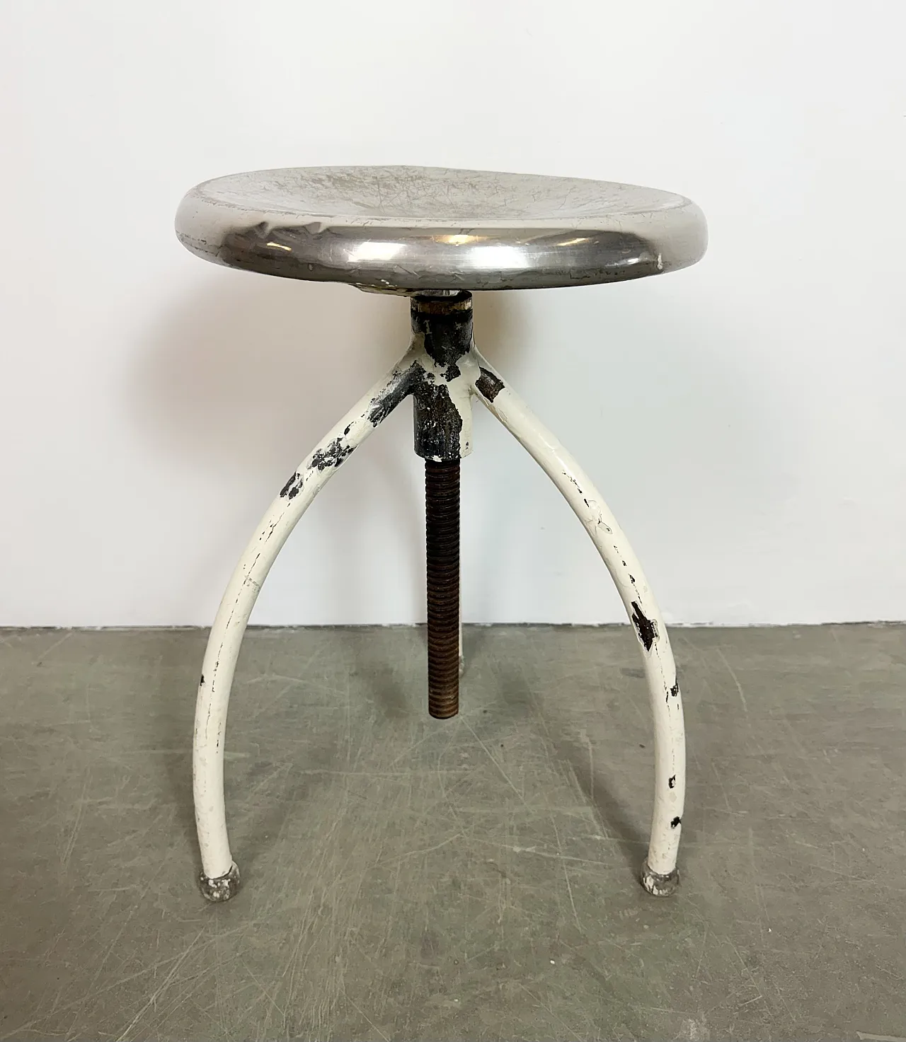 White Industrial Iron Stool, 1960s 10