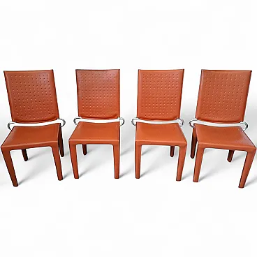 4 Orange leather and iron chairs, 20th century