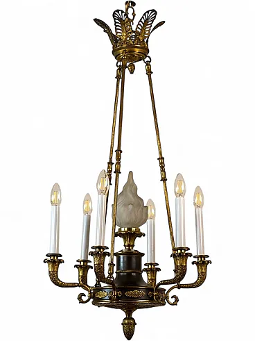 Lampadario Impero a 7 luci in bronzo dorato, fine '800
