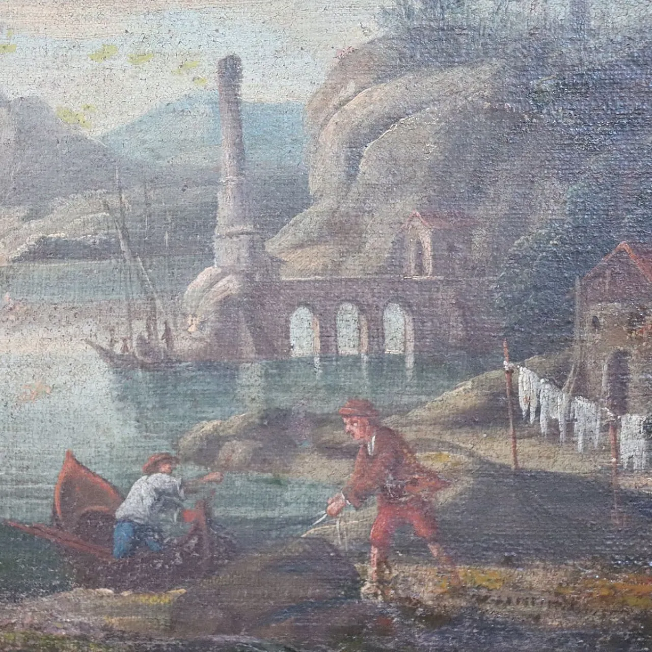 Dipinto olio su tela, paesaggio costiero, '700 8