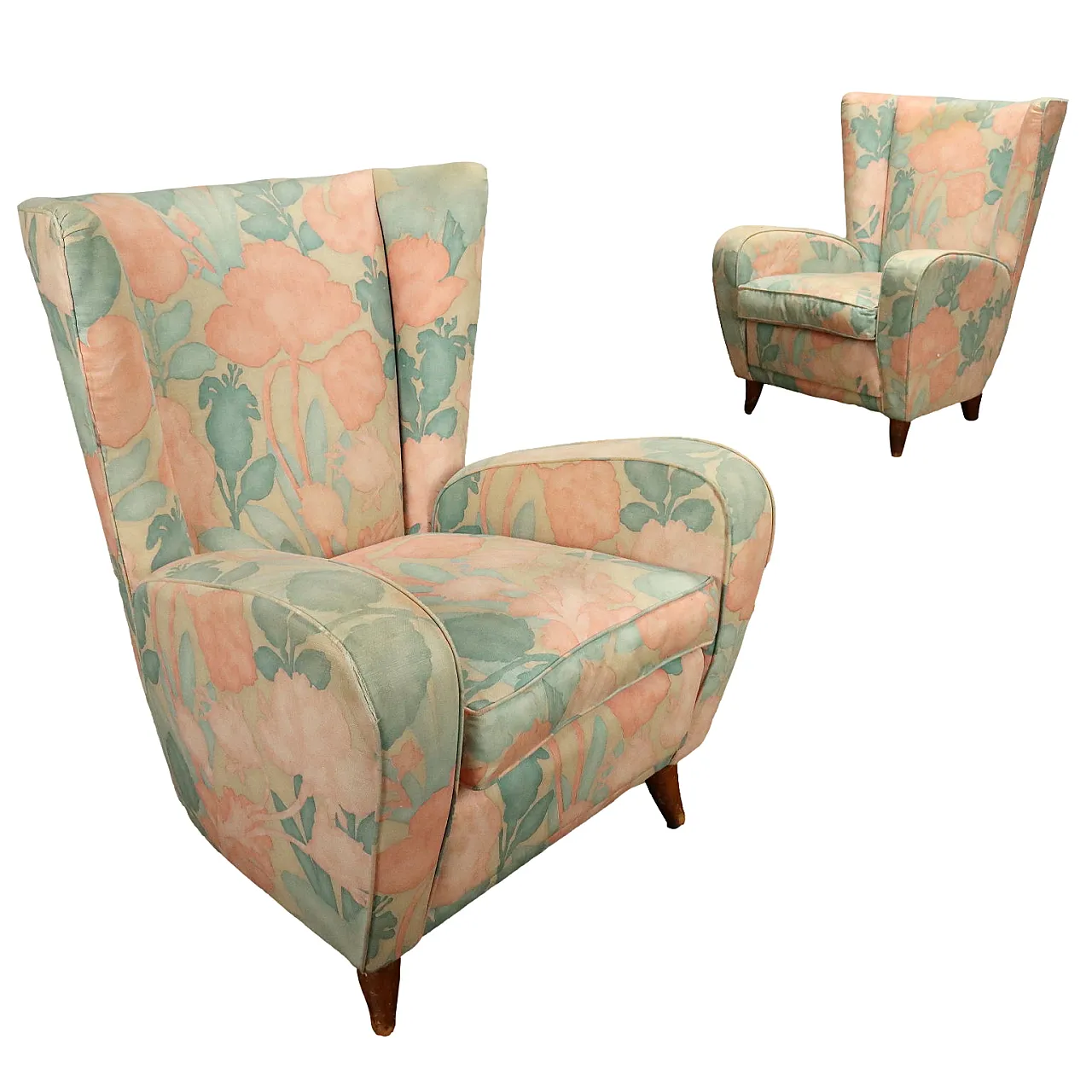 Pair of fabric bergère armchairs, 1950s 1